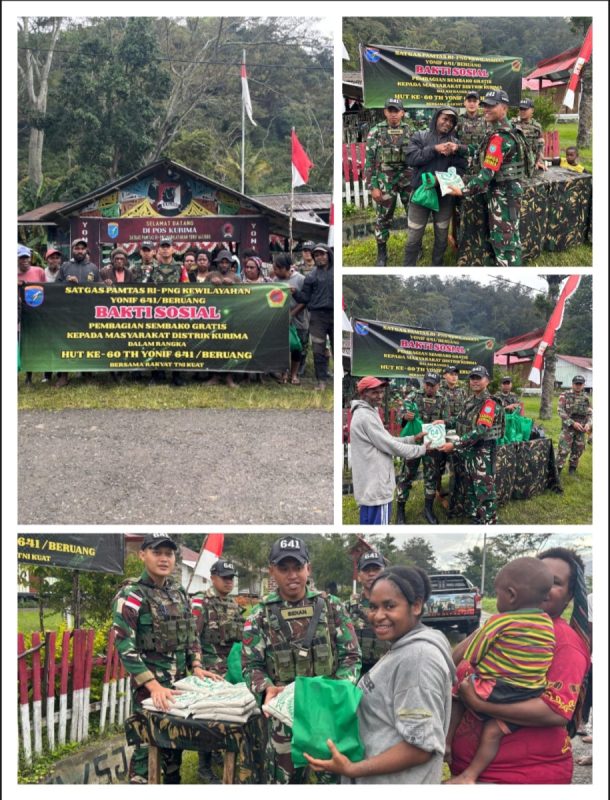 Peringati HUT Yonif Ke-60, Satgas Yonif 641/Bru Bagikan Sembako Kepada Warga Distrik Kurima