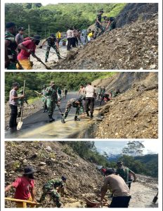 Solidaritas TNI-Polri Di Papua, Satgas Yonif 641/Bru Laksanakan Karya Bakti Buka Jalan Akibat Tanah Longsor di Distrik Kelila