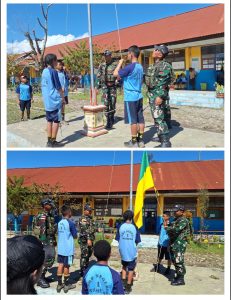 Tingkatkan Rasa Cinta Tanah Air, Satgas Yonif 641/Bru Ajarkan Tata Cara Upacara Bendera Pada Murid SMP Negeri 1 Wamena