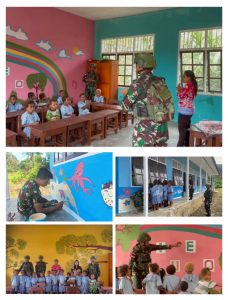 Berikan Sentuhan Manis Untuk Anak-Anak, Satgas Yonif 642/Kps Percantik Sekolahan