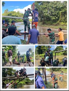 Bantu Kesulitan Masyarakat, Satgas Yonif 642/Kps Bangun Ulang Jembatan Penghubung