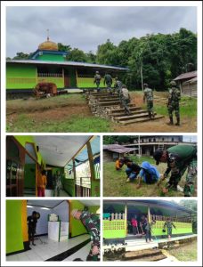 Satgas Yonif 642/Kps Pos Teluk Arguni Karya Bhakti Bersihkan Masjid An-Nur