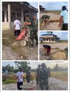 Satgas Yonif 642/Kps Karya Bakti Bersihkan Lingkungan di Halaman Masjid Az-Zumar