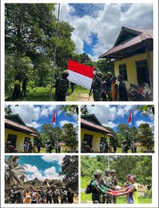 Satgas Pamtas Yonif 763/SBA Pos Joshiro Gelar Kegiatan Pemberian Bendera Merah Putih Kepada masyarakat Kampung Hamaran