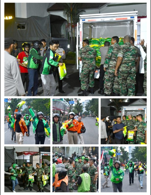 Kodam I/BB Bagikan 500 Lebih Sak Beras kepada Ojol di Makodim 0201/Medan saat Unras di Medan