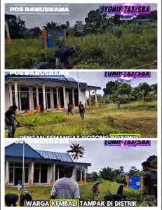Satgas Yonif 763/SBA Pos Bamusbama Bersama Masyarakat Gotong Royong Bersihkan Lingkungan Kantor Distrik