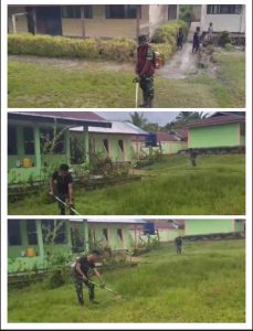 Satgas Pamtas Kewilayahan Yonif 763/SBA Bersama Warga Gotong Royong Bersihkan Pekarangan Sekitar SD Negeri 82 Bamusbama