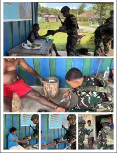Satgas Pamtas Kewilayahan RI–PNG Yonif 763/SBA Pos Konja Gelar Pembinaan Teritorial Melalui Anjangsana dan Pengobatan Gratis