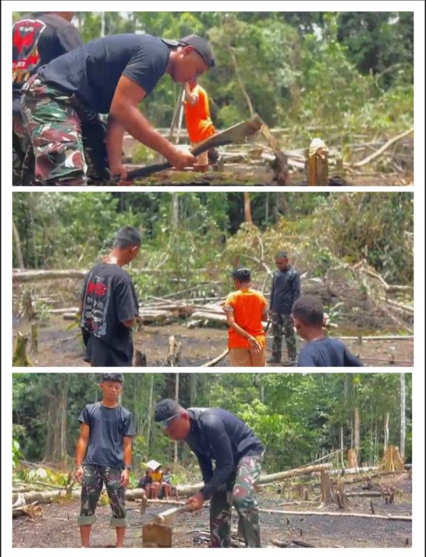 Satgas Pamtas Yonif 763/SBA Pos Joshiro Gelar Kegiatan Pembuatan Lahan Pertanian dalam Memeriakan HUT TNI ke 80 Bersama Masyarakat Kampung Joshiro