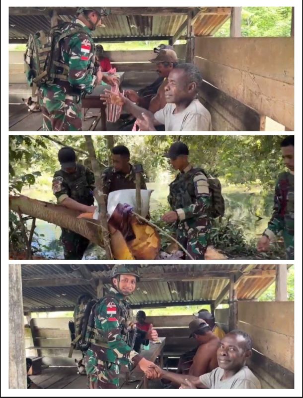 Sinergi TNI Yonif 763/SBA Pos Subin dan Masyarakat Subin Saling Membantu Berikan Sembako dan Gotong Royong Laksanakan Kegiatan Topok Sagu Bersama Masyarakat Kampung Subin*
